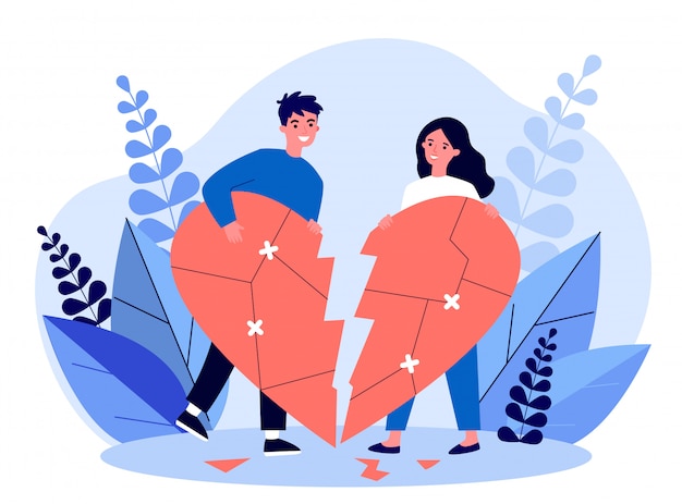 Smiling couple restoring broken heart   illustration