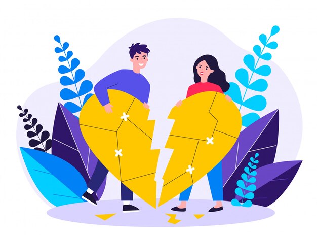 Smiling couple restoring broken heart   illustration