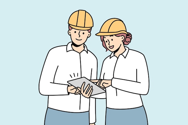 smiling engineers in helmets cooperating at building site