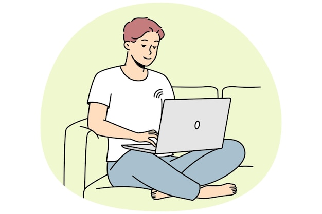 smiling guy sit on couch working on laptop using wireless network happy young man relax on sofa browse internet on computer vector illustration