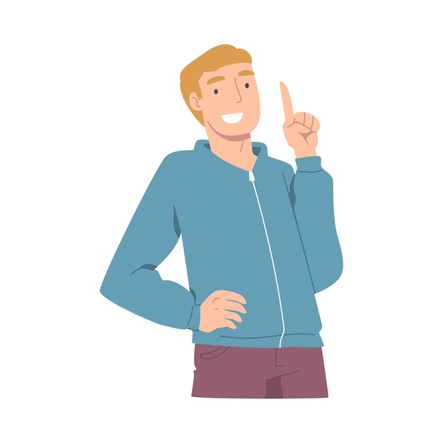 smiling man character pointing with index finger as hand gesture vector illustration