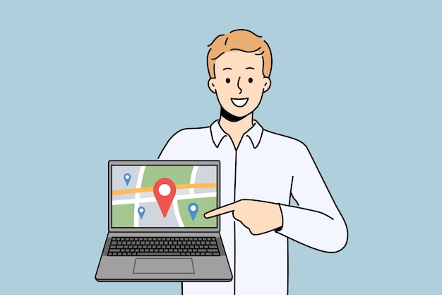 Smiling man show GPS tracker on map on computer