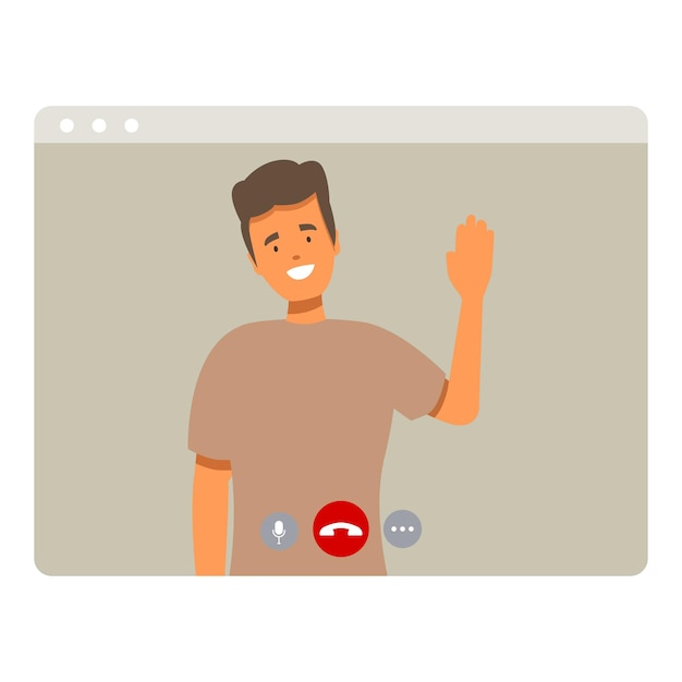 Smiling man waving during video call on computer screen