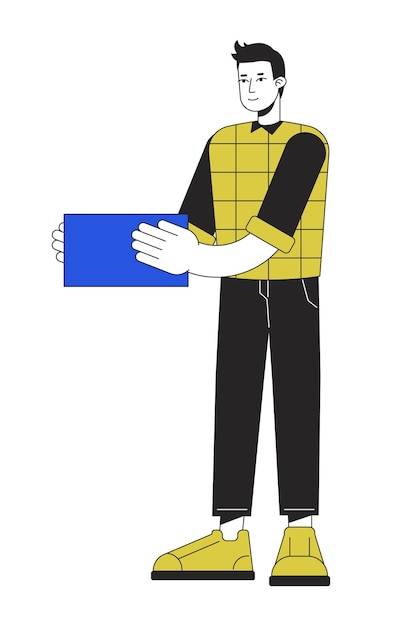 smiling man with blue block linear flat color vector character