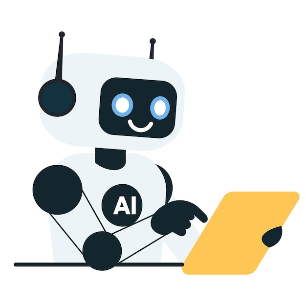smiling robot chat with tablet on isolated white background help assistance artificial intelligence