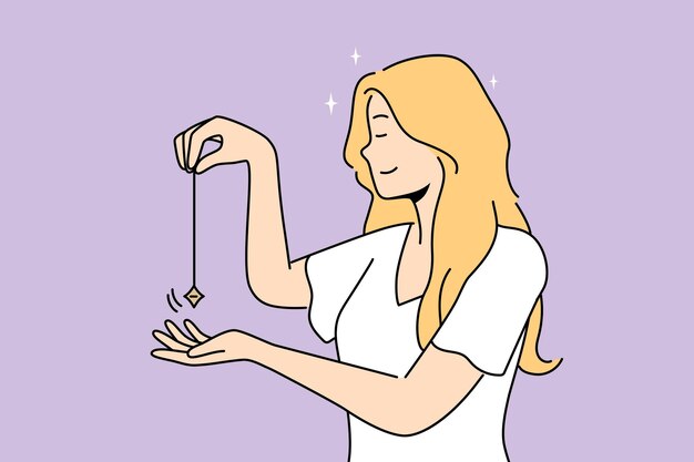 Smiling woman using pendulum for spiritual practice