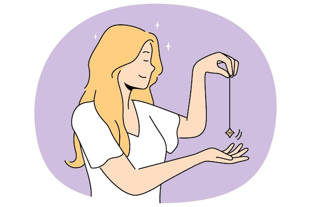 Smiling woman using pendulum for spiritual practice