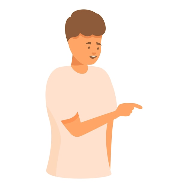 Smiling young man pointing aside while explaining something
