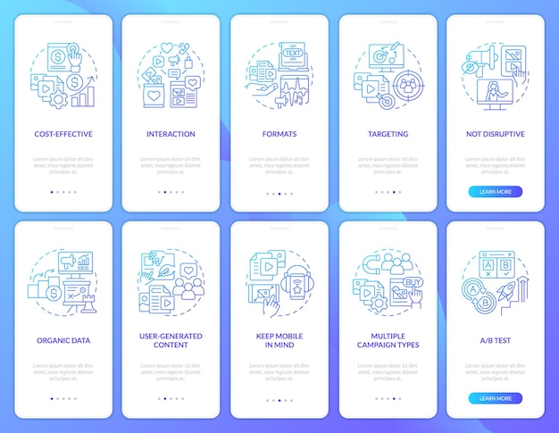 SMM benefits and tips blue gradient onboarding mobile app screens set