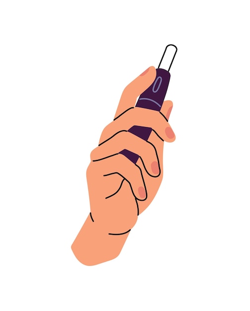 Smoker holds heated tobacco device Modern electronic cigarette ecigarette in human hand Trendy e cig pen equipment system for smoking Flat isolated vector illustration on white background