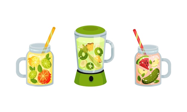 smoothie in blender and jar with straw with different ingredients mixing together vector set
