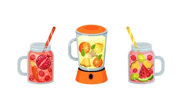 smoothie in blender and jar with straw with different ingredients mixing together vector set