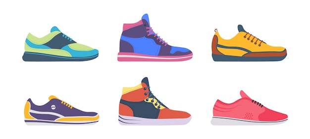 Sneaker shoe. Athletic sneakers, fitness sport shop footwear collection on white background. Set of sport shoes for training, running. illustration in flat design .