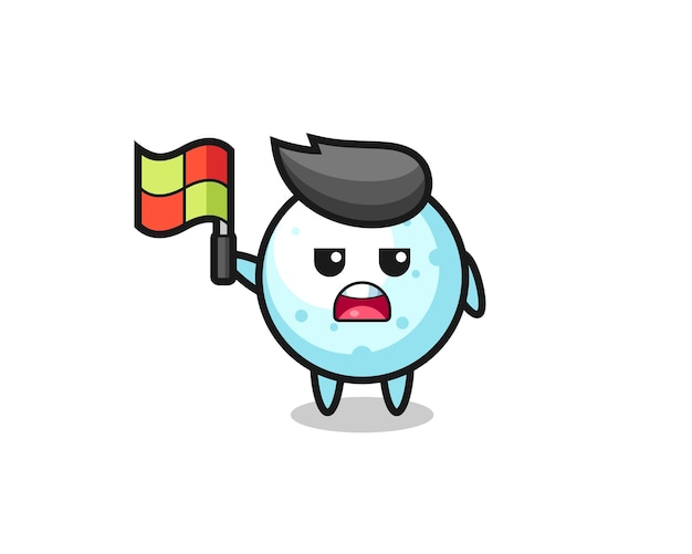 Snow ball character as line judge putting the flag up