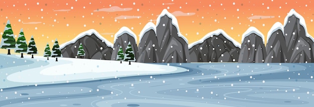 Snow horizontal scene with mountain landscape at sunset