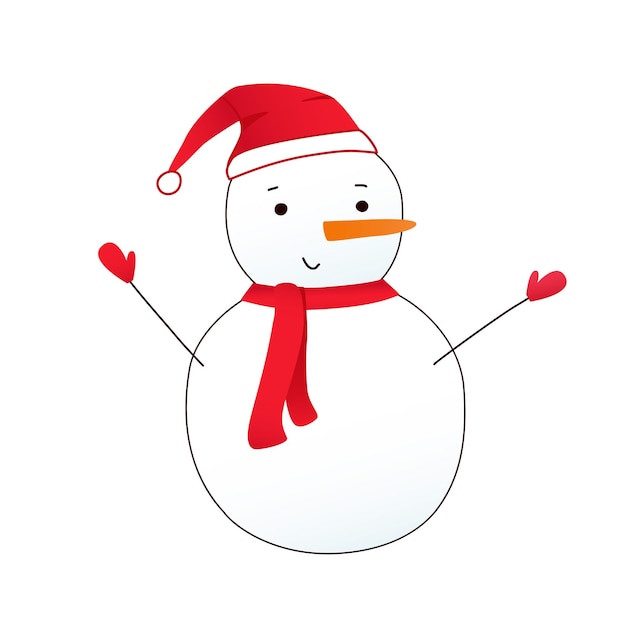 Snowman in santa hat with scarf and mittens and outstretched arms illustration. Winter seasonal cha