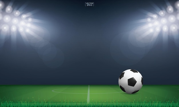 Soccer football ball and green grass of soccer field stadium background. Vector illustration.