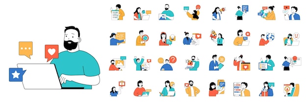social media concept with people situations mega set in flat web design bundle scenes of chatting following internet influence vector illustrations for social media banner marketing material