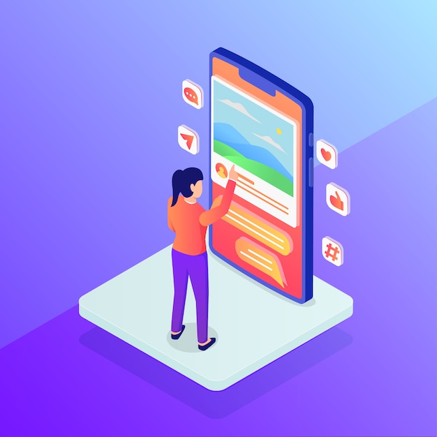 Social media concept with woman use smartphone and media icon spreading with isometric flat style