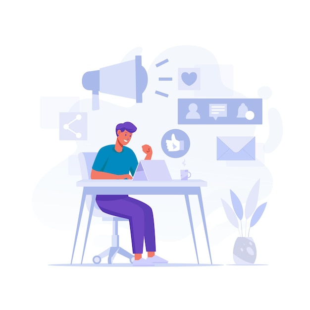 Social Media Content Man on the Desk with Tab Concept Flat Illustration