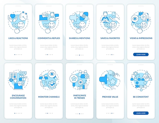 Social media interaction blue onboarding mobile app screen set