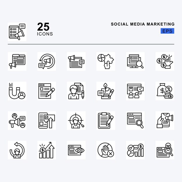 Social Media Marketing 25 Line icon pack