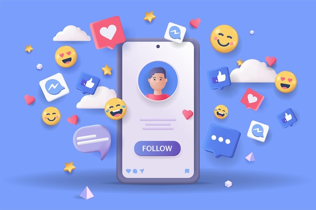 social media platform concept 3d illustration icon composition with user account at mobile phone screen messages comments likes hearts emoji and other vector illustration for modern web design