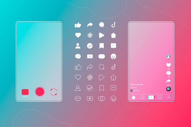 social media templates modern design buttons web application. set icons: search, story, like, share, hashtag, user, comment, note, home, plus.