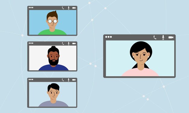 Social network concept. Internet communication. Video conferencing, online friendship, online love. An app about finding love. Vector flat illustration