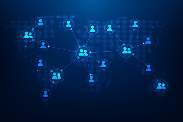 social network connection and communication people icon on blue dark background global internet