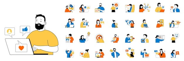 Social network koncept med folk situationer mega sæt i fladt webdesign Bundle scener af online global kommunikation og blogging Vektor illustrationer til social media banner marketing materiale