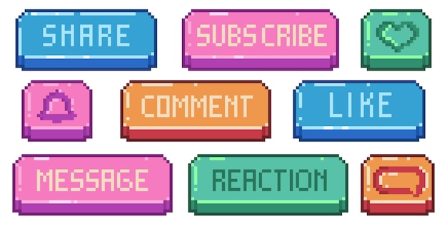 social pixel media pixel banner retro 8 bit game ui interface app website blog elements like share subscribe comment buttons vector set