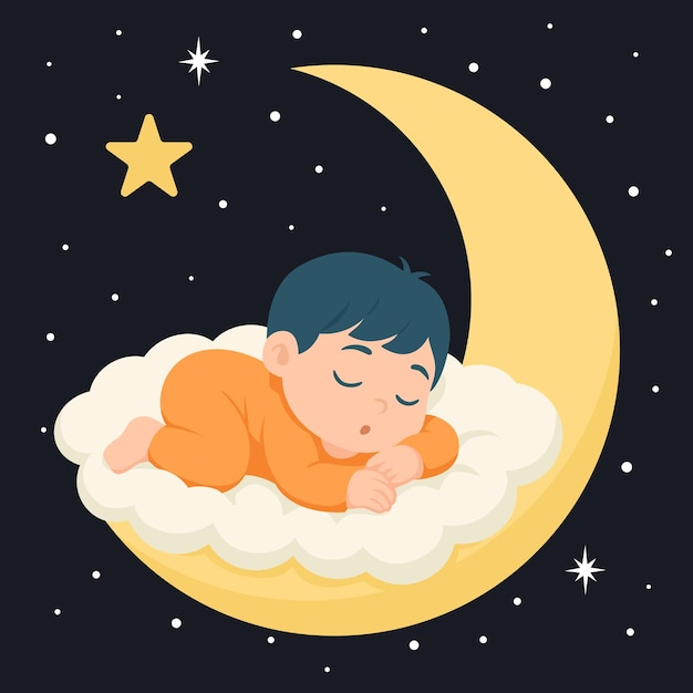 Sød baby, der sover på sky med halvmåne og stjerner, fredfyldt nattehimmel, illustration til børneværelset