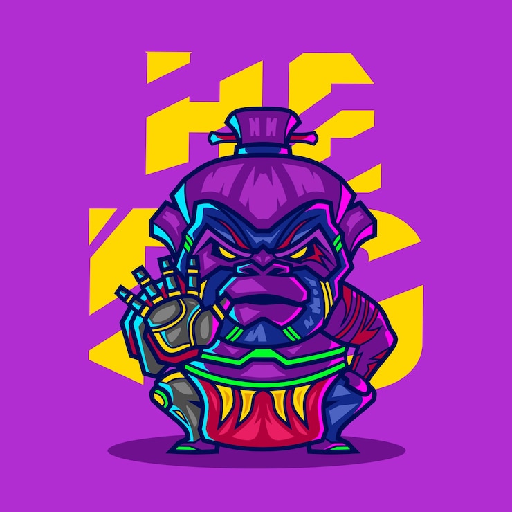 Vektor sød sumo abe cartoon karakter illustration i cyberpunk-stil