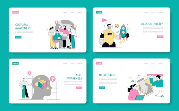 Soft skills set four essential workplace competencies illustrated with metaphorical designs and