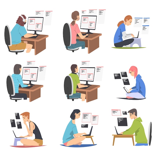Software Developer or Programmer Engaged in Coding in Serverside Framework on Laptop or Computer Vector Illustration Set
