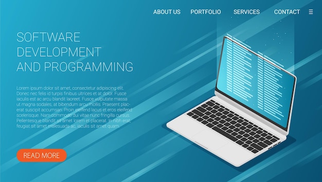 Software development and programming program code on laptop screen big data processing computing isometric