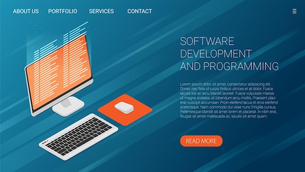 Software development and programming program code on laptop screen big data processing computing isometric