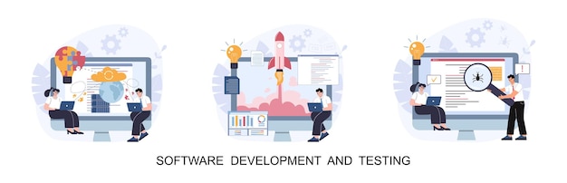 software development and testing concept image set vector illustration