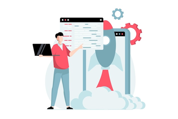 Software development concept with people scene in flat design Man developing new product creating program and working in IT startup company Vector illustration with character situation for web