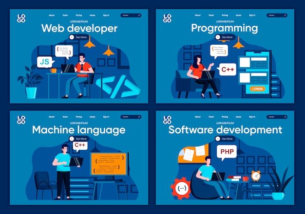 Software development flat landing pages set. Frontend and backend developers working in office scenes for website or CMS web page. Web development, programming and machine language illustration