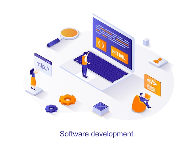 Software development isometric web concept People program in different languages