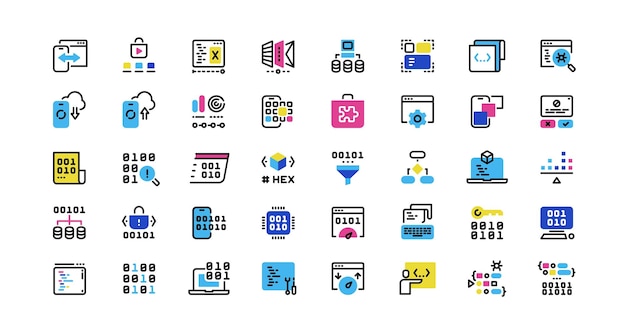 Software development line icons Program coding application architecture frontend and backend development authorization security Vector editable stroke