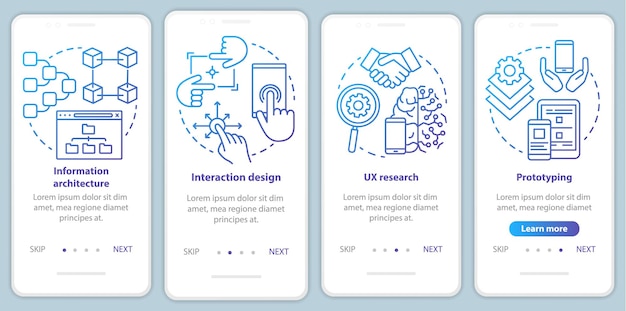 Software development onboarding mobile app page screen vector template. Application programming. Walkthrough website steps with linear illustrations. UX, UI, GUI smartphone interface concept