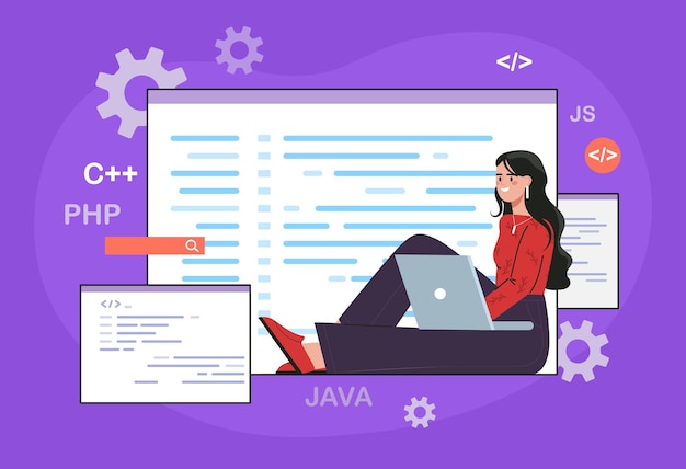 Software development process concept young female programmer works on laptop and creates website