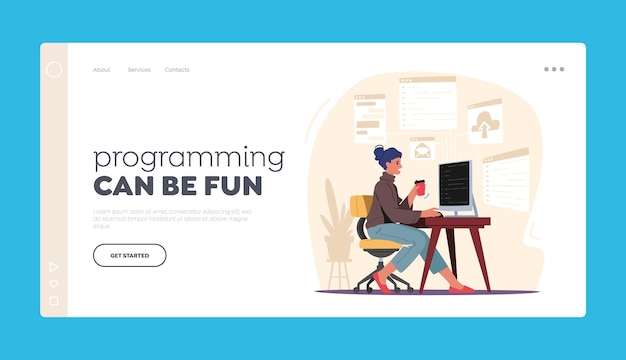Software Development, Programming Landing Page Template. Woman Programmer Make Site or Web Interface Project. Female Character Website Designer, Developer Html Coding.Cartoon Vector Illustration