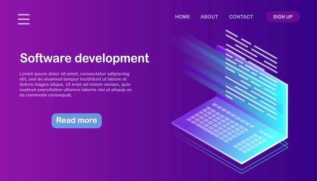 Software development, programming language, coding. Isometric computer with digital application