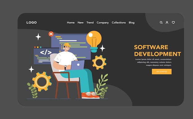 Software development web banner or landing page dark or night mode coding backend and frontend