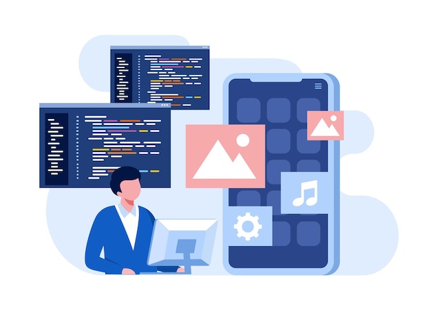 Software development Web programming languages css html it ui programmer cartoon character developing website coding flat illustration banner