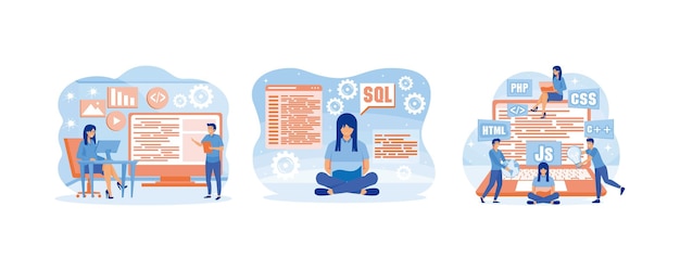 Software engineer concept Web design and development programmer and coding website or app Software programming Concept for web page Set flat vector modern illustration